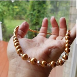 Swarovski Elements & Metallic Bronze Faux Pearl Collar Necklace NWT